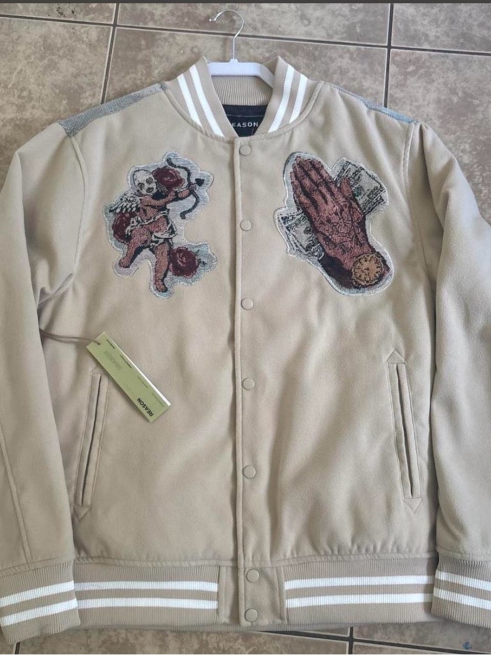 Reason Beige Varsity Bomber Jacket with Embroidered Appliqués